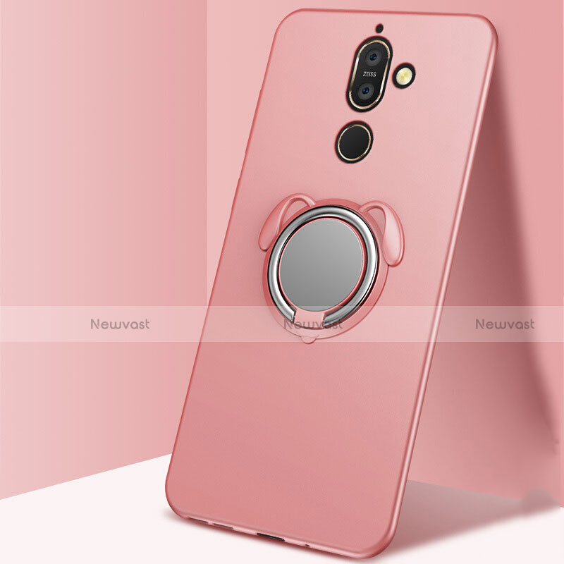 Ultra-thin Silicone Gel Soft Case Cover with Magnetic Finger Ring Stand A02 for Nokia 7 Plus Rose Gold