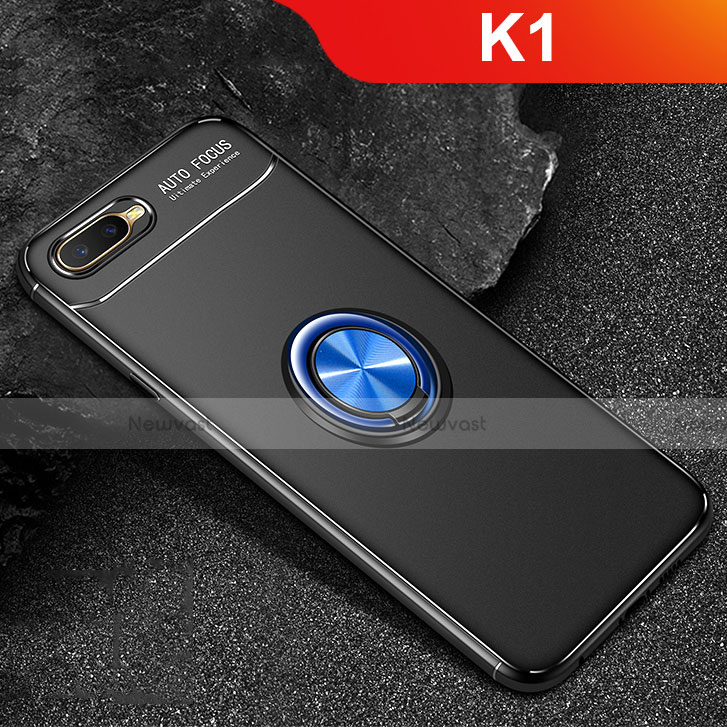 Ultra-thin Silicone Gel Soft Case Cover with Magnetic Finger Ring Stand A02 for Oppo K1 Blue and Black