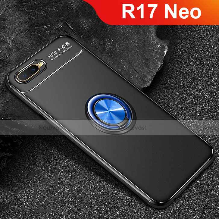 Ultra-thin Silicone Gel Soft Case Cover with Magnetic Finger Ring Stand A02 for Oppo R17 Neo Blue and Black
