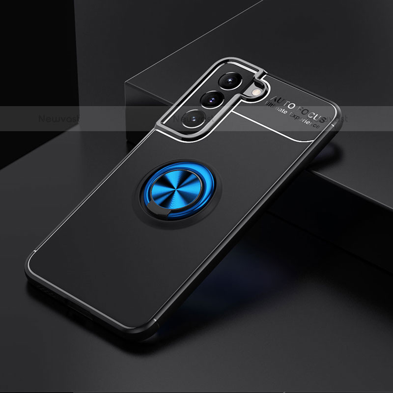 Ultra-thin Silicone Gel Soft Case Cover with Magnetic Finger Ring Stand A02 for Samsung Galaxy S21 Plus 5G Blue and Black