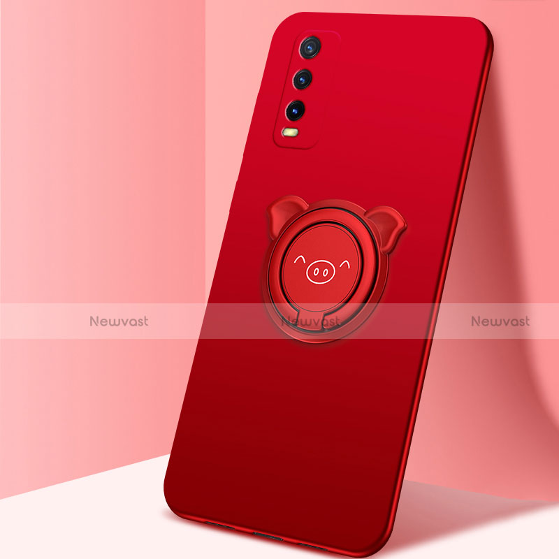 Ultra-thin Silicone Gel Soft Case Cover with Magnetic Finger Ring Stand A02 for Vivo Y20i India Red