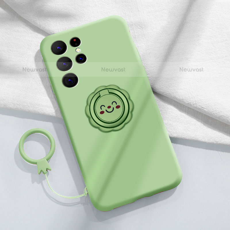 Ultra-thin Silicone Gel Soft Case Cover with Magnetic Finger Ring Stand A03 for Samsung Galaxy S21 Ultra 5G Matcha Green