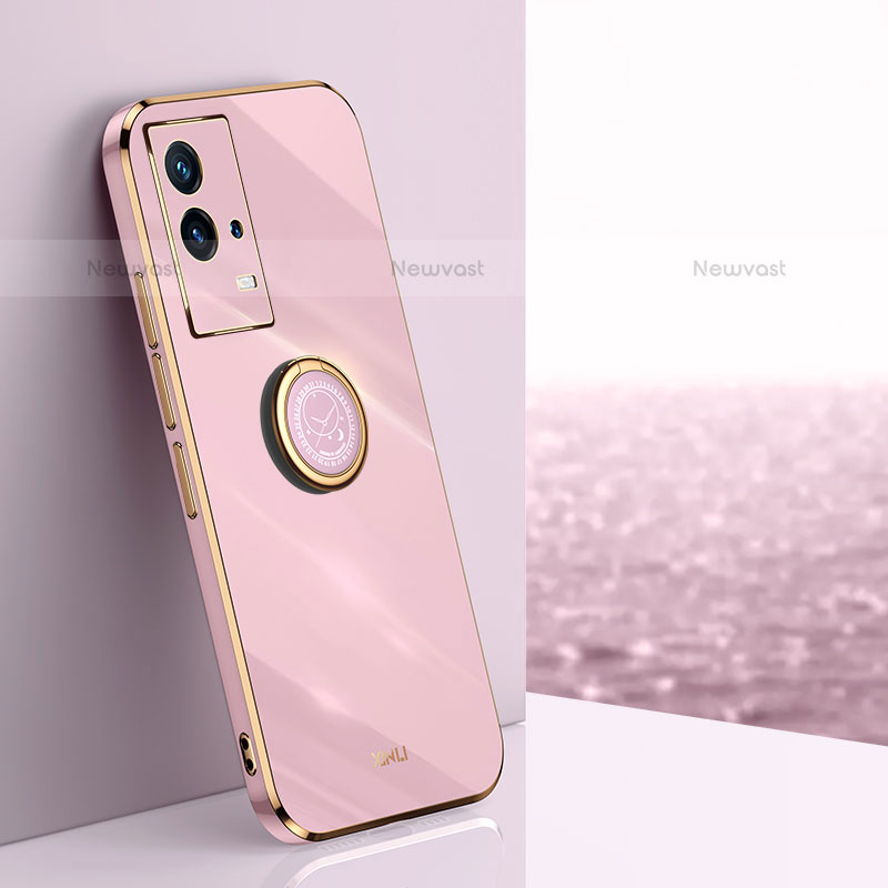 Ultra-thin Silicone Gel Soft Case Cover with Magnetic Finger Ring Stand A03 for Vivo iQOO 8 5G Pink