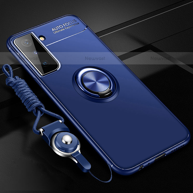 Ultra-thin Silicone Gel Soft Case Cover with Magnetic Finger Ring Stand A05 for Samsung Galaxy S21 5G Blue