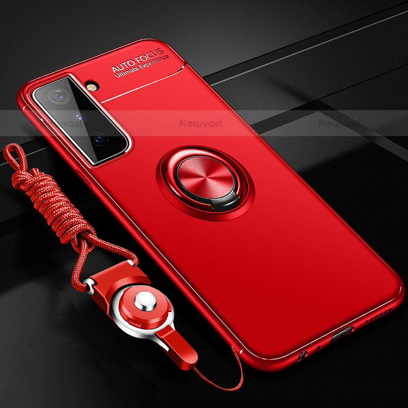 Ultra-thin Silicone Gel Soft Case Cover with Magnetic Finger Ring Stand A05 for Samsung Galaxy S21 5G Red
