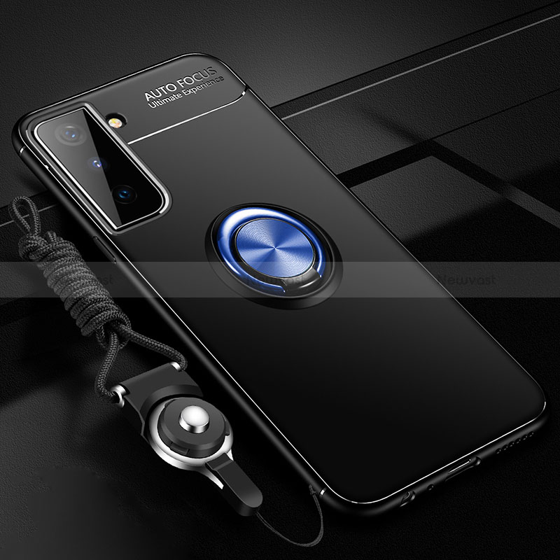 Ultra-thin Silicone Gel Soft Case Cover with Magnetic Finger Ring Stand A05 for Samsung Galaxy S22 Plus 5G Blue and Black
