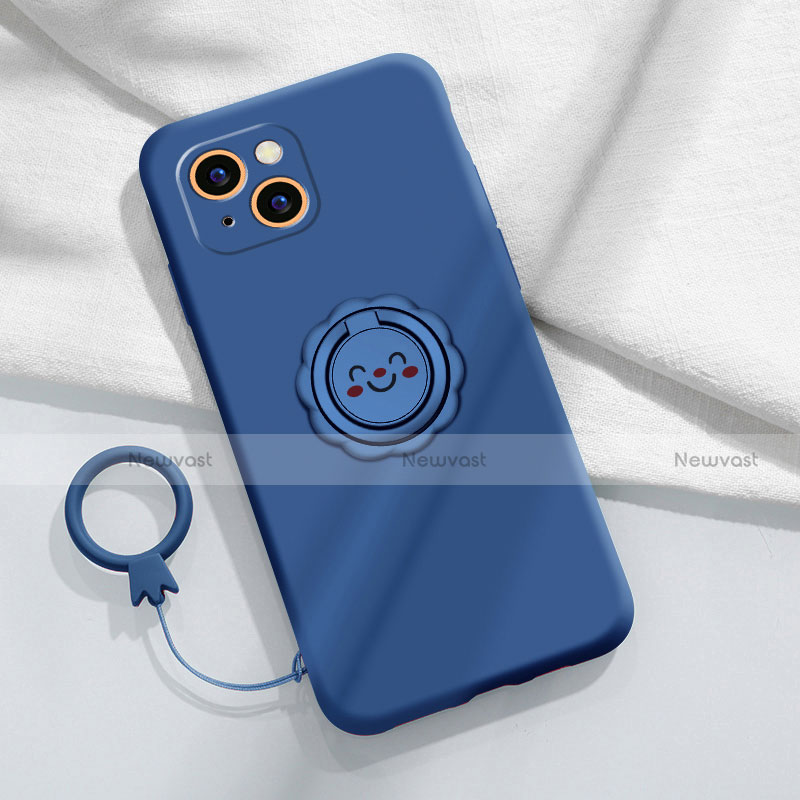Ultra-thin Silicone Gel Soft Case Cover with Magnetic Finger Ring Stand A06 for Apple iPhone 13 Blue