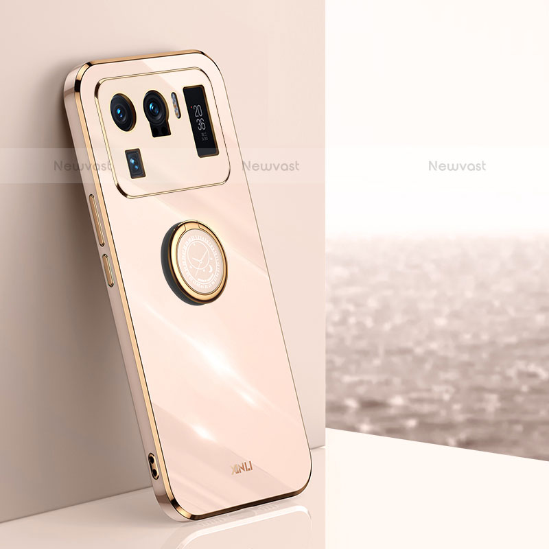 Ultra-thin Silicone Gel Soft Case Cover with Magnetic Finger Ring Stand A06 for Xiaomi Mi 11 Ultra 5G Gold