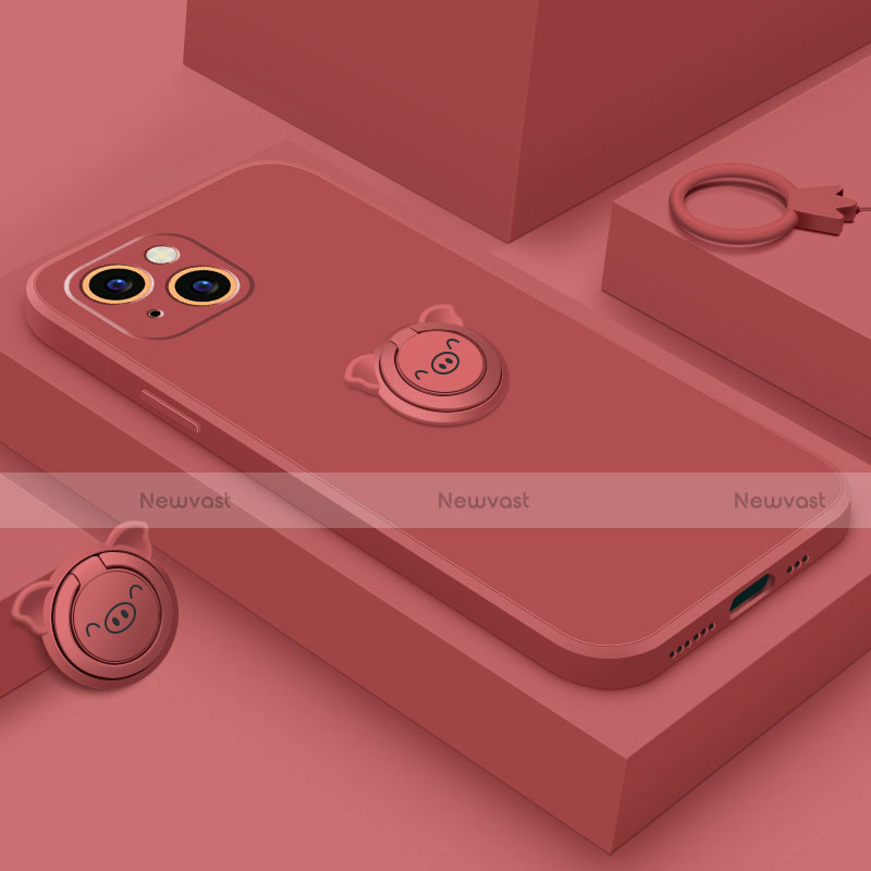 Ultra-thin Silicone Gel Soft Case Cover with Magnetic Finger Ring Stand A07 for Apple iPhone 13 Red