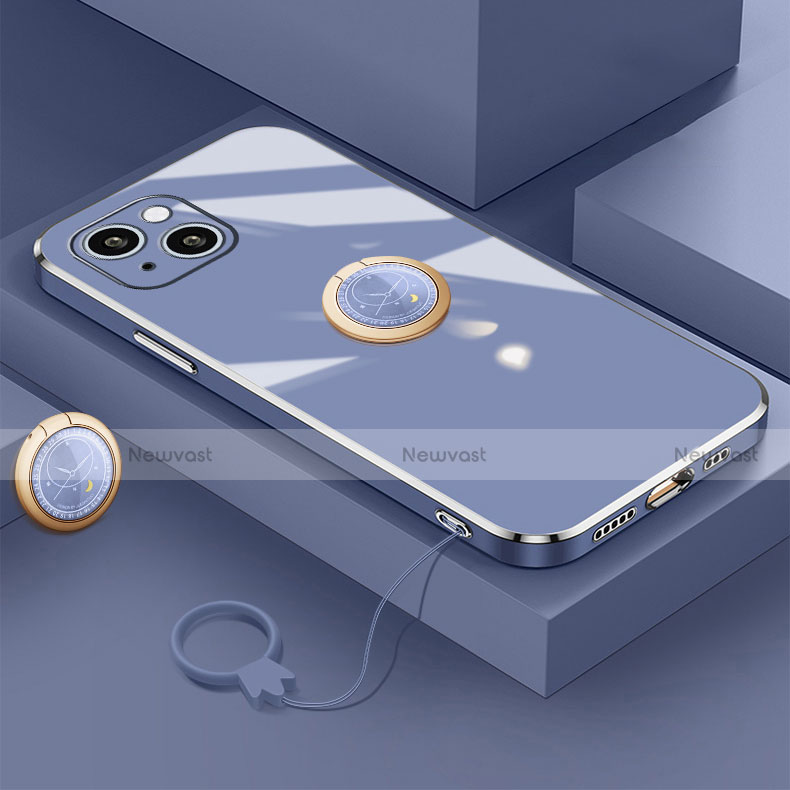 Ultra-thin Silicone Gel Soft Case Cover with Magnetic Finger Ring Stand A08 for Apple iPhone 13 Blue