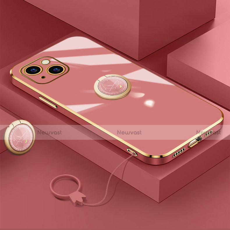 Ultra-thin Silicone Gel Soft Case Cover with Magnetic Finger Ring Stand A08 for Apple iPhone 13 Red