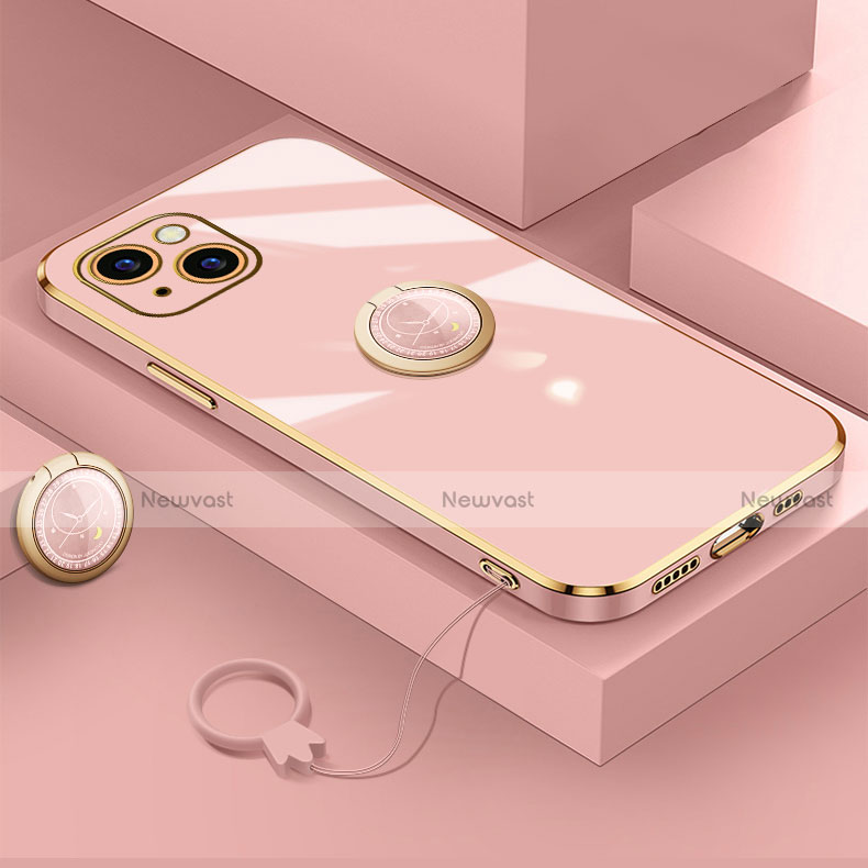 Ultra-thin Silicone Gel Soft Case Cover with Magnetic Finger Ring Stand A08 for Apple iPhone 14 Rose Gold