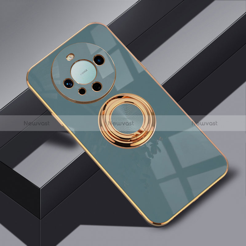 Ultra-thin Silicone Gel Soft Case Cover with Magnetic Finger Ring Stand AN1 for Huawei Mate 60 Lavender Gray