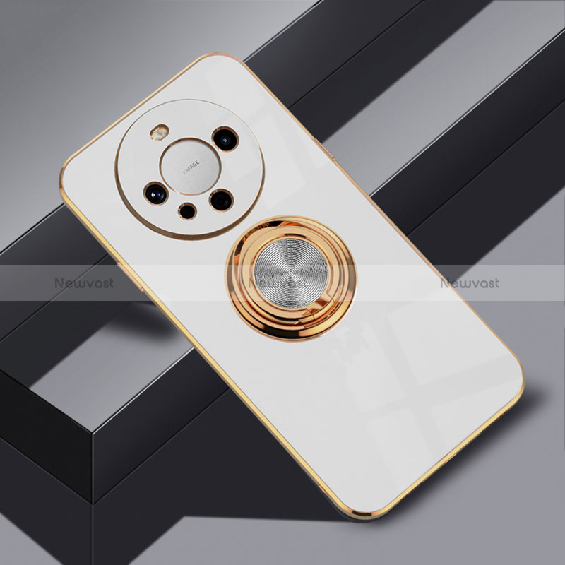 Ultra-thin Silicone Gel Soft Case Cover with Magnetic Finger Ring Stand AN1 for Huawei Mate 60 Pro+ Plus White