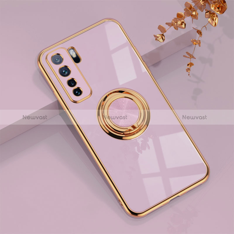 Ultra-thin Silicone Gel Soft Case Cover with Magnetic Finger Ring Stand AN1 for Huawei Nova 7 SE 5G