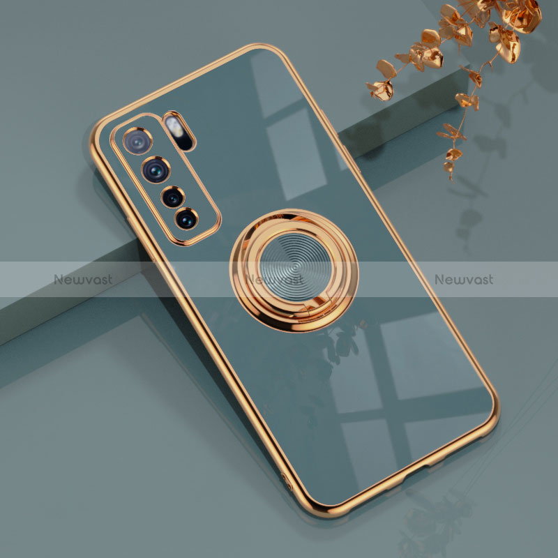 Ultra-thin Silicone Gel Soft Case Cover with Magnetic Finger Ring Stand AN1 for Huawei Nova 7 SE 5G