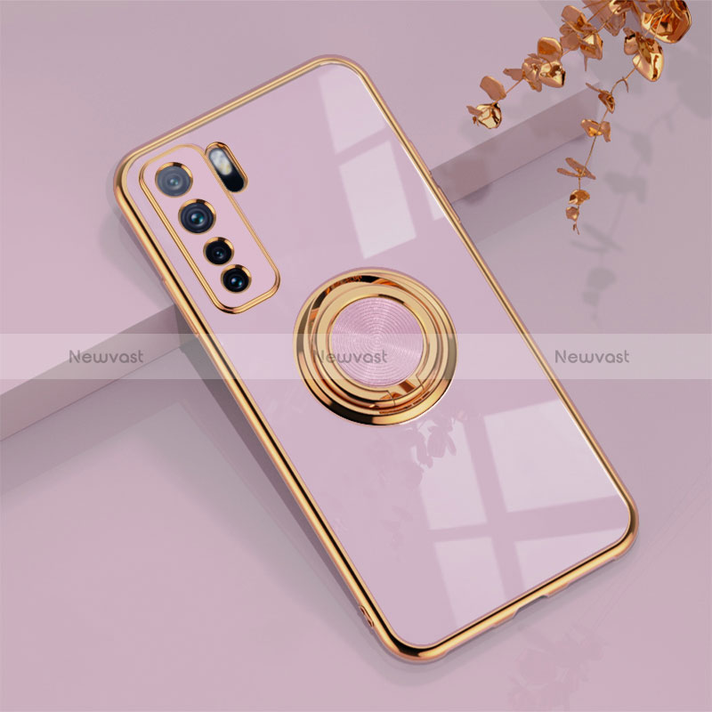 Ultra-thin Silicone Gel Soft Case Cover with Magnetic Finger Ring Stand AN1 for Huawei Nova 7 SE 5G Clove Purple