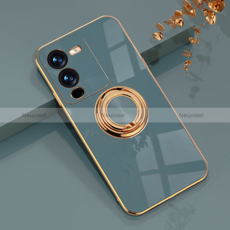 Ultra-thin Silicone Gel Soft Case Cover with Magnetic Finger Ring Stand AN1 for Vivo V25 Pro 5G Lavender Gray