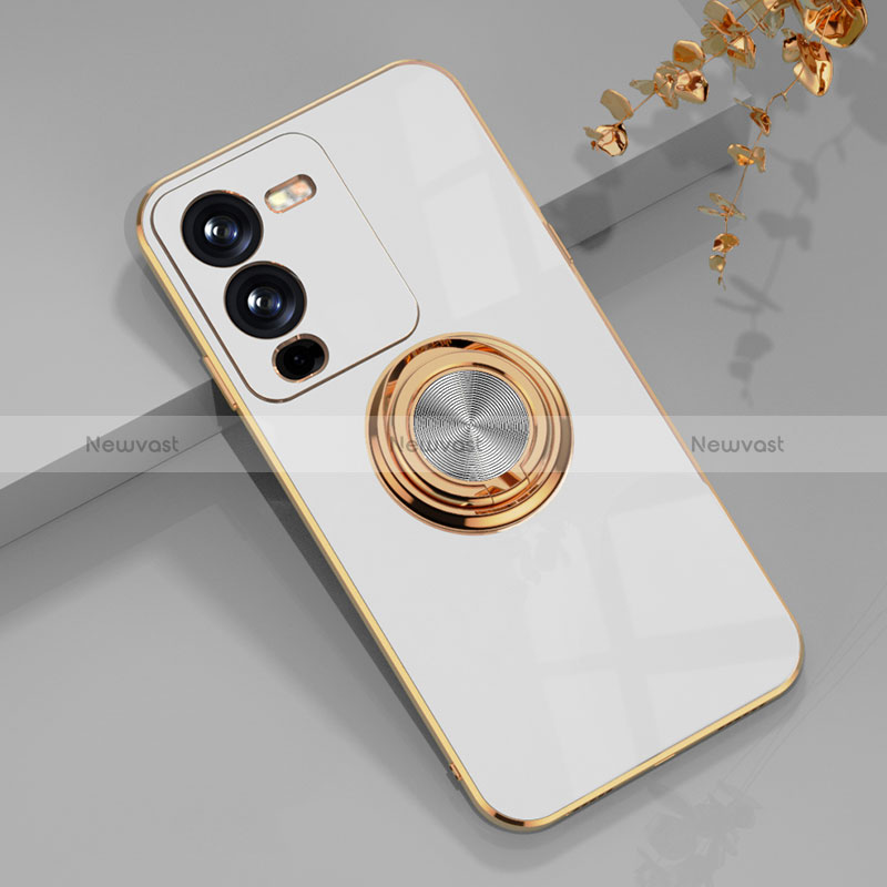 Ultra-thin Silicone Gel Soft Case Cover with Magnetic Finger Ring Stand AN1 for Vivo V25 Pro 5G White