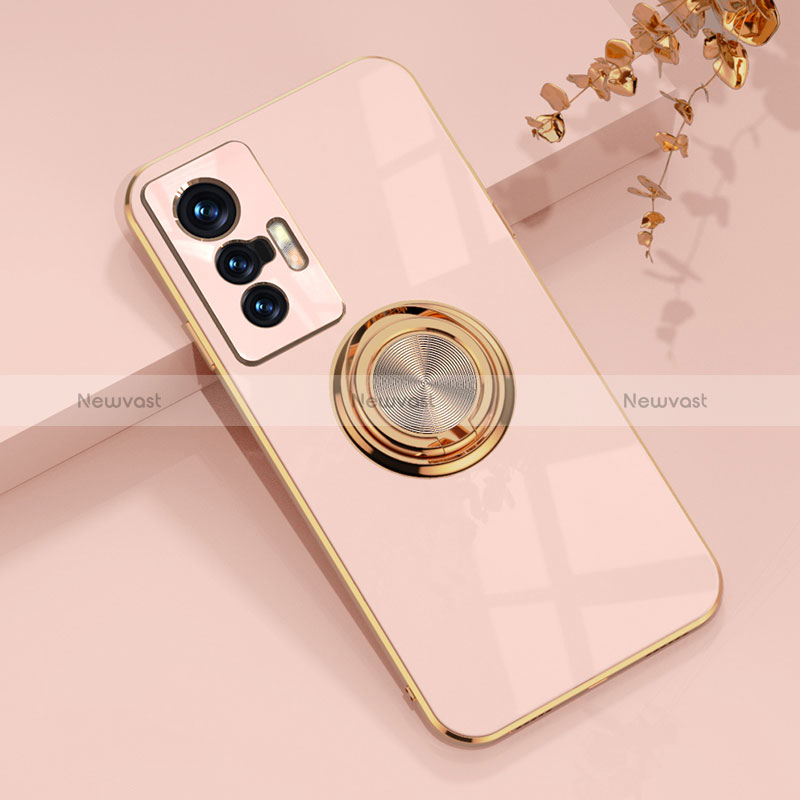 Ultra-thin Silicone Gel Soft Case Cover with Magnetic Finger Ring Stand AN1 for Vivo X70 5G Pink