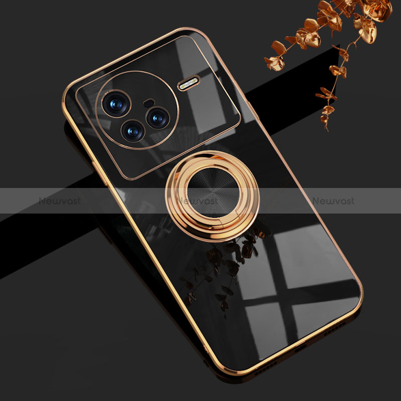 Ultra-thin Silicone Gel Soft Case Cover with Magnetic Finger Ring Stand AN1 for Vivo X80 5G Black