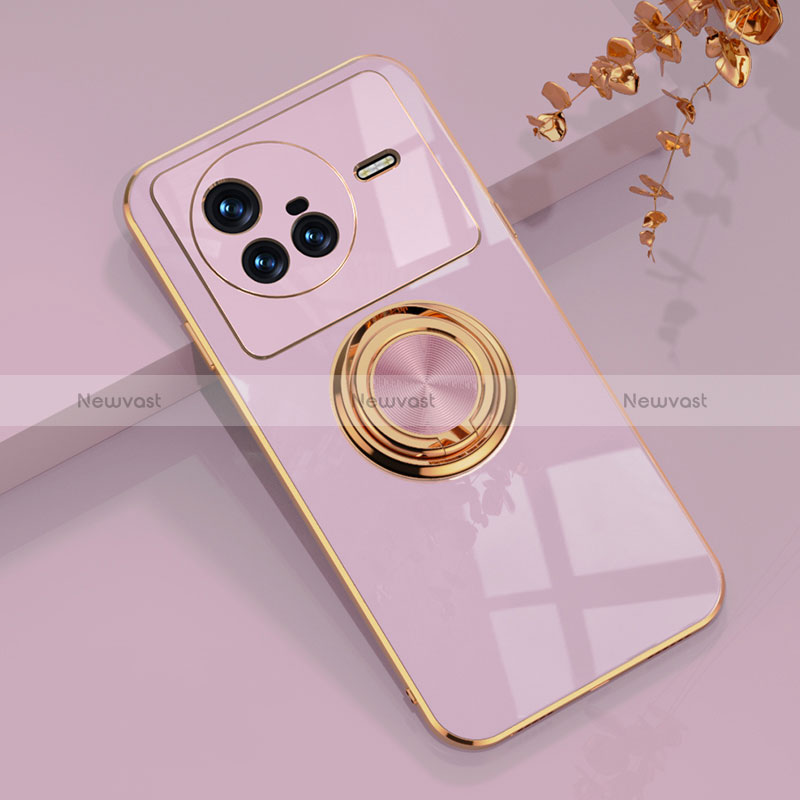 Ultra-thin Silicone Gel Soft Case Cover with Magnetic Finger Ring Stand AN1 for Vivo X80 5G Clove Purple