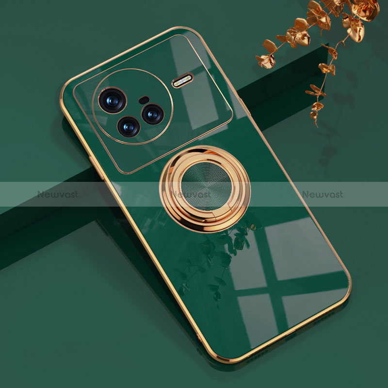 Ultra-thin Silicone Gel Soft Case Cover with Magnetic Finger Ring Stand AN1 for Vivo X80 5G Green
