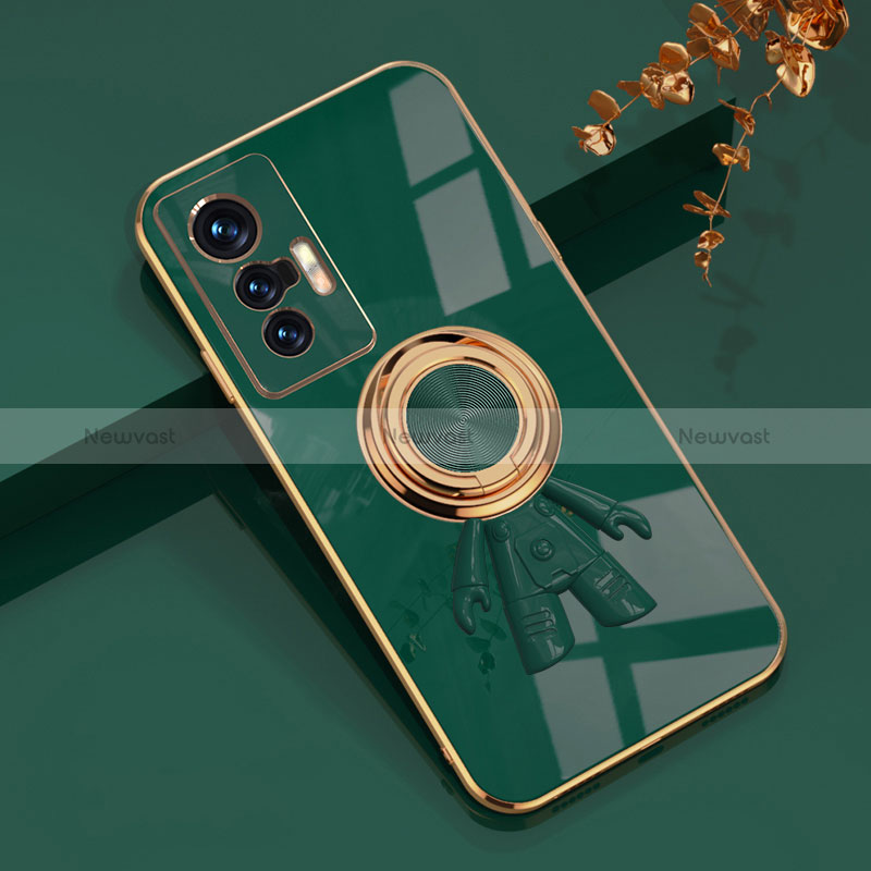 Ultra-thin Silicone Gel Soft Case Cover with Magnetic Finger Ring Stand AN2 for Vivo X70 5G Green