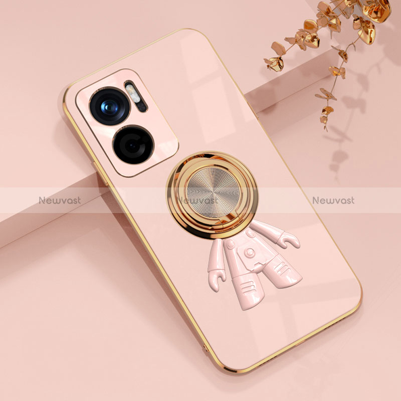 Ultra-thin Silicone Gel Soft Case Cover with Magnetic Finger Ring Stand AN2 for Xiaomi Redmi 10 5G Pink