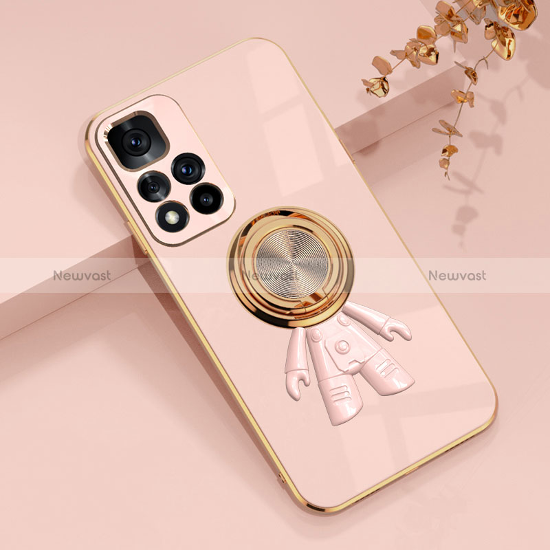 Ultra-thin Silicone Gel Soft Case Cover with Magnetic Finger Ring Stand AN2 for Xiaomi Redmi Note 11 Pro+ Plus 5G Pink
