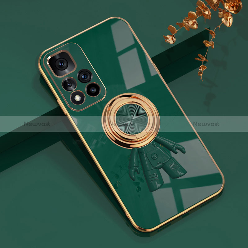 Ultra-thin Silicone Gel Soft Case Cover with Magnetic Finger Ring Stand AN2 for Xiaomi Redmi Note 11S 5G Green