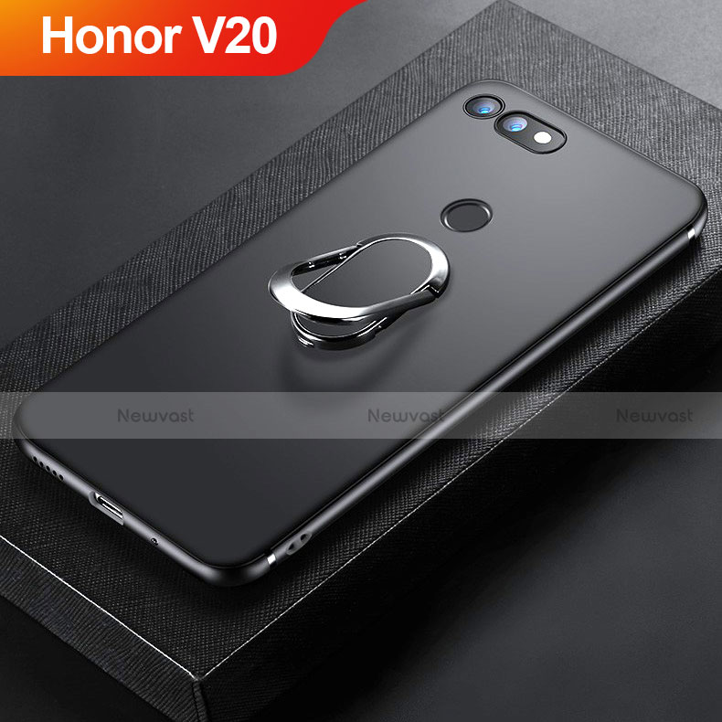 Ultra-thin Silicone Gel Soft Case Cover with Magnetic Finger Ring Stand for Huawei Honor V20 Black