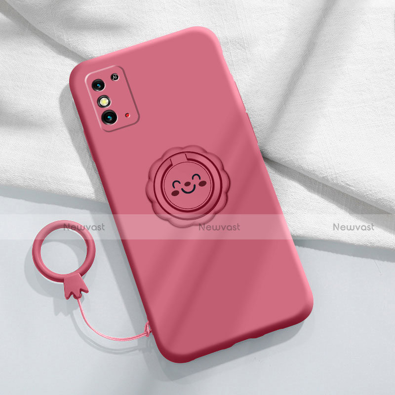 Ultra-thin Silicone Gel Soft Case Cover with Magnetic Finger Ring Stand for Huawei Honor X10 Max 5G Red Wine