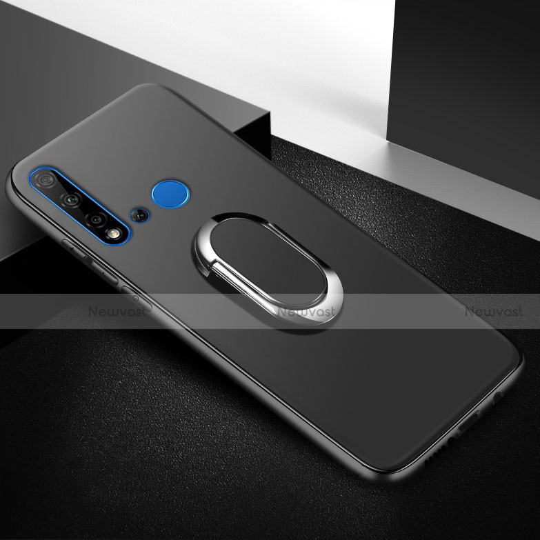 Ultra-thin Silicone Gel Soft Case Cover with Magnetic Finger Ring Stand for Huawei Nova 5i Black