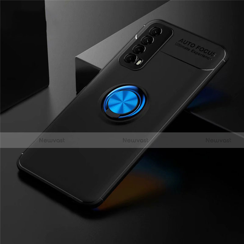 Ultra-thin Silicone Gel Soft Case Cover with Magnetic Finger Ring Stand for Huawei P Smart (2021) Blue and Black