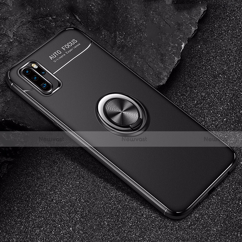 Ultra-thin Silicone Gel Soft Case Cover with Magnetic Finger Ring Stand for Huawei P30 Pro Black