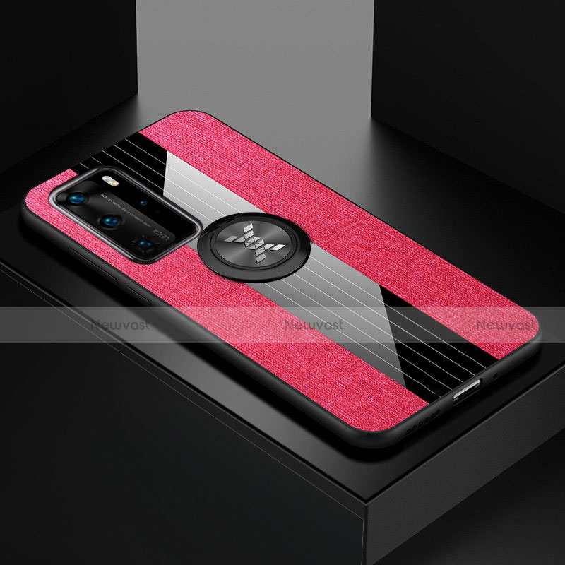 Ultra-thin Silicone Gel Soft Case Cover with Magnetic Finger Ring Stand for Huawei P40 Pro Hot Pink
