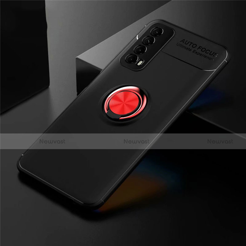 Ultra-thin Silicone Gel Soft Case Cover with Magnetic Finger Ring Stand for Huawei Y7a Red and Black