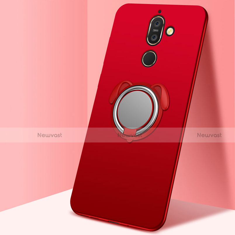 Ultra-thin Silicone Gel Soft Case Cover with Magnetic Finger Ring Stand for Nokia 7 Plus Red