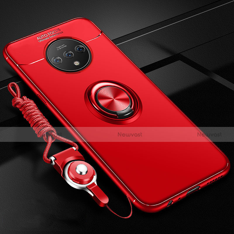Ultra-thin Silicone Gel Soft Case Cover with Magnetic Finger Ring Stand for OnePlus 7T Red