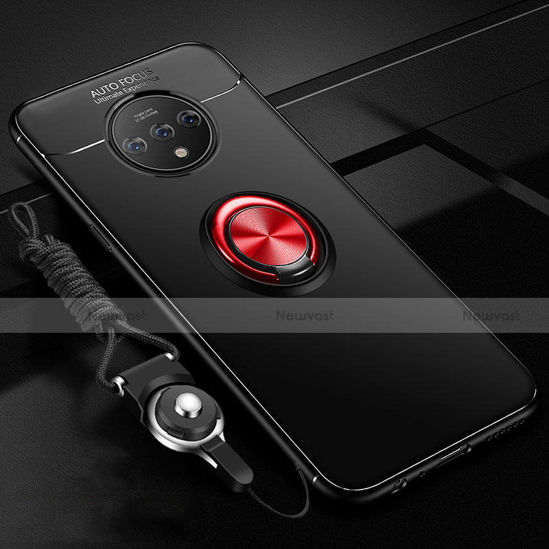 Ultra-thin Silicone Gel Soft Case Cover with Magnetic Finger Ring Stand for OnePlus 7T Red and Black
