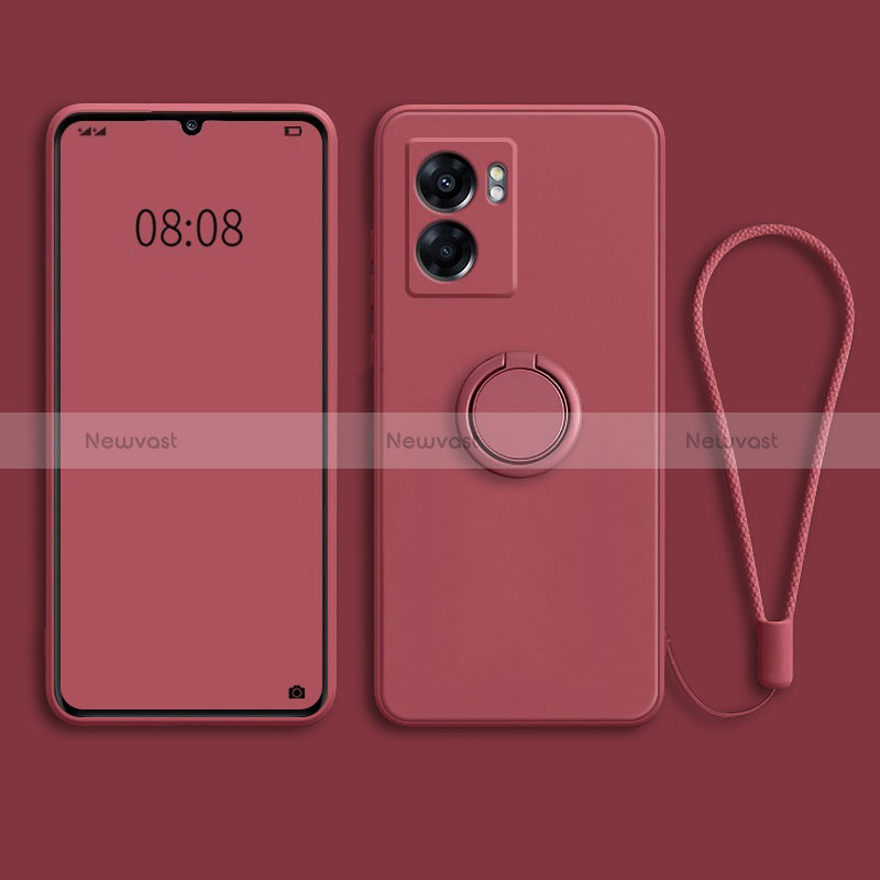 Ultra-thin Silicone Gel Soft Case Cover with Magnetic Finger Ring Stand for Oppo A56S 5G Red