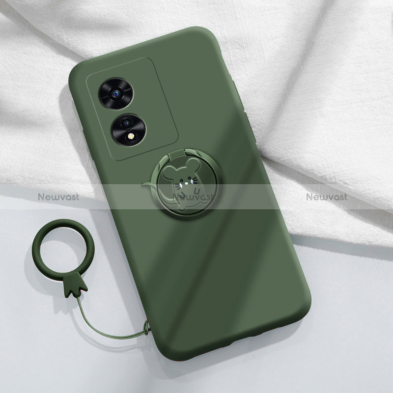 Ultra-thin Silicone Gel Soft Case Cover with Magnetic Finger Ring Stand for Oppo A58 5G Midnight Green