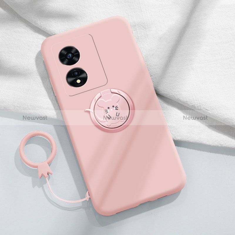 Ultra-thin Silicone Gel Soft Case Cover with Magnetic Finger Ring Stand for Oppo A58x 5G Pink