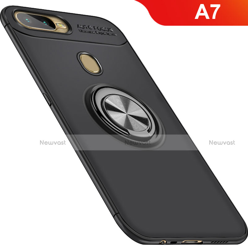 Ultra-thin Silicone Gel Soft Case Cover with Magnetic Finger Ring Stand for Oppo A7 Black