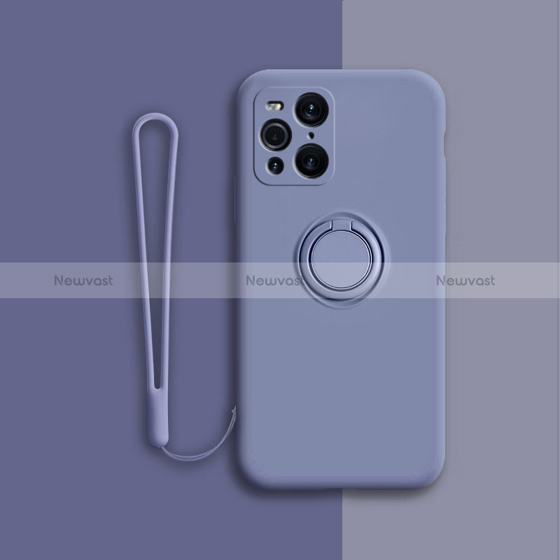 Ultra-thin Silicone Gel Soft Case Cover with Magnetic Finger Ring Stand for Oppo Find X3 5G Lavender Gray