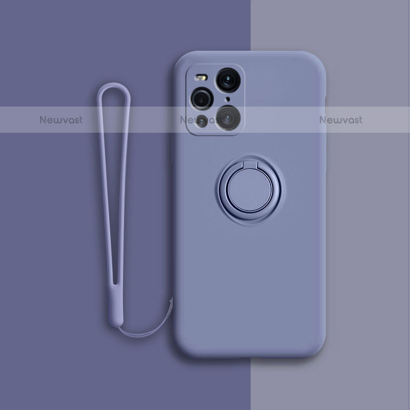 Ultra-thin Silicone Gel Soft Case Cover with Magnetic Finger Ring Stand for Oppo Find X3 Pro 5G Lavender Gray