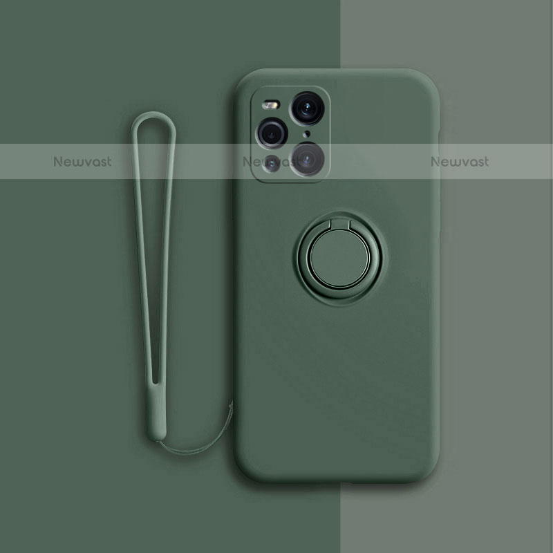 Ultra-thin Silicone Gel Soft Case Cover with Magnetic Finger Ring Stand for Oppo Find X3 Pro 5G Midnight Green
