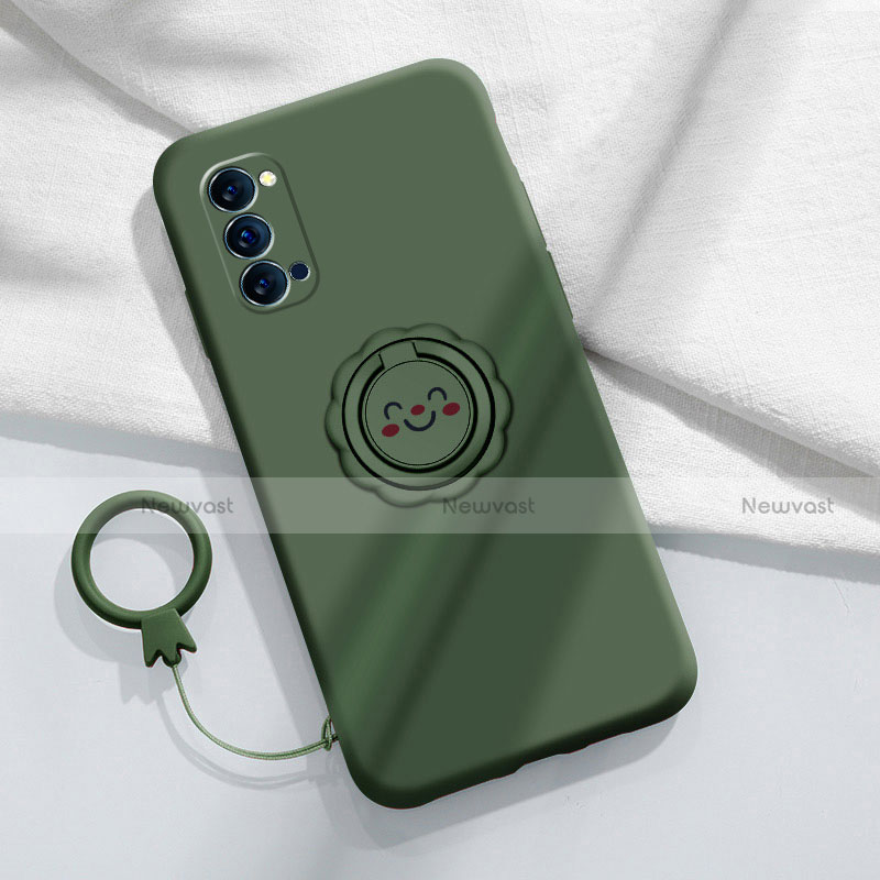 Ultra-thin Silicone Gel Soft Case Cover with Magnetic Finger Ring Stand for Oppo Reno4 5G Green