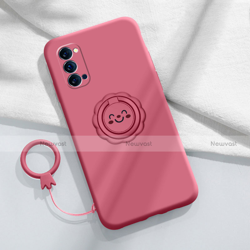 Ultra-thin Silicone Gel Soft Case Cover with Magnetic Finger Ring Stand for Oppo Reno4 5G Red